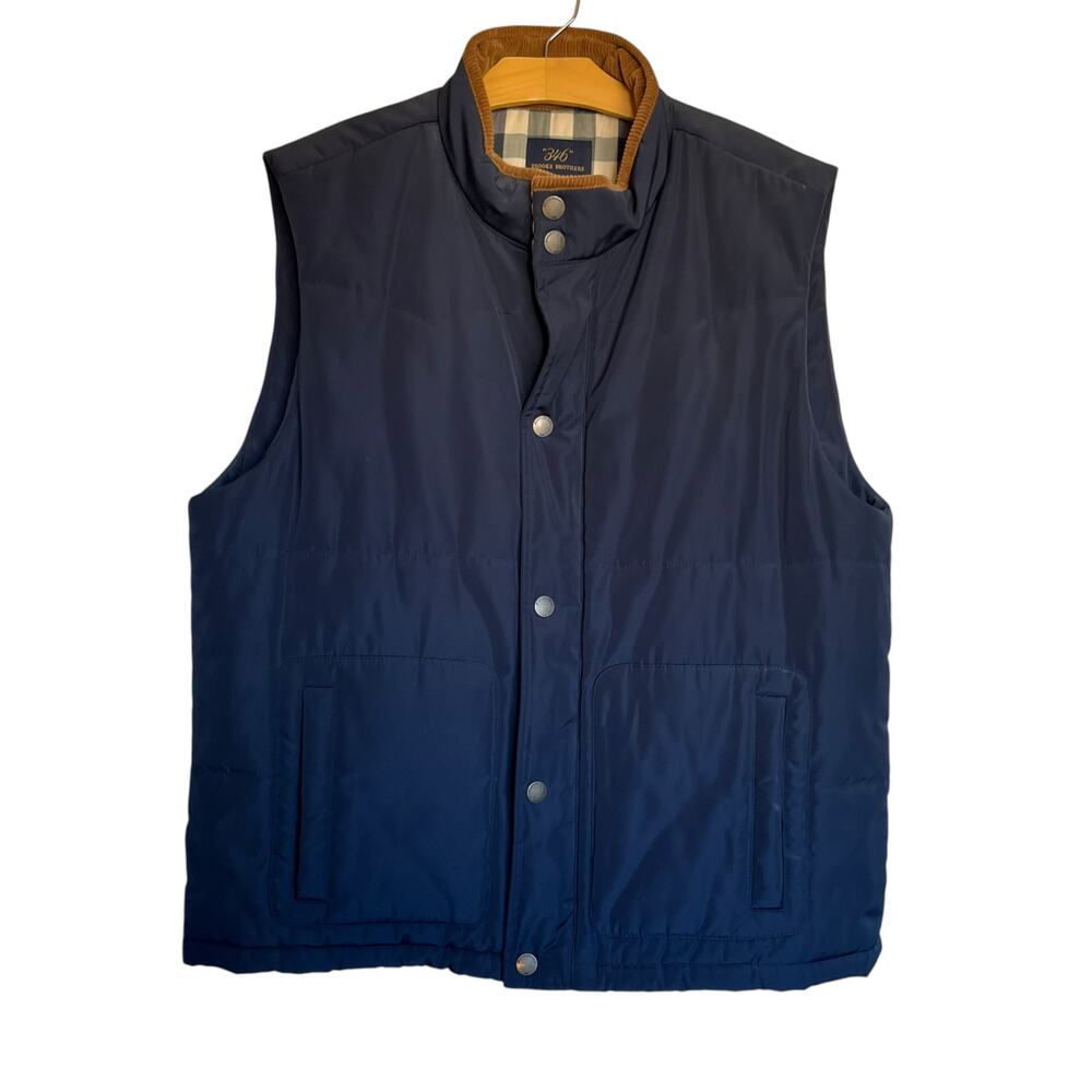 346 Brooks Brothers Corduroy Collar Puffer Vest Full Zip Blue Sleeveless Size XL